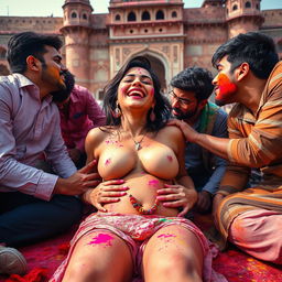 A colorful and lively scene during Holi at a majestic Rajasthani fort, featuring a sensual Indian woman inspired by a popular actress, depicted as a free-spirited character