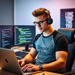 A confident and attractive software developer in a modern office environment, wearing stylish headphones and focused on coding on a laptop