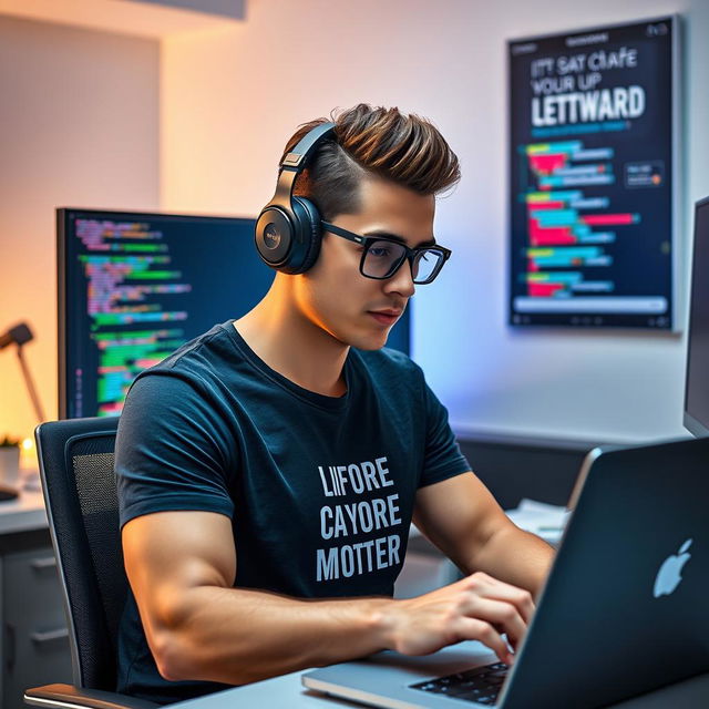 A confident and attractive software developer in a modern office environment, wearing stylish headphones and focused on coding on a laptop