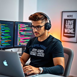 A confident and attractive software developer in a modern office environment, wearing stylish headphones and focused on coding on a laptop