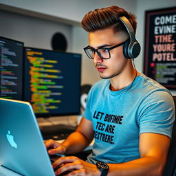 A confident and attractive software developer in a modern office environment, wearing stylish headphones and focused on coding on a laptop