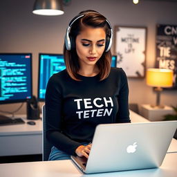 A confident and attractive woman developer in a chic, modern office setting, wearing stylish headphones while intensely focused on coding on her sleek laptop