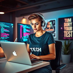 A confident and attractive woman developer in a chic, modern office setting, wearing stylish headphones while intensely focused on coding on her sleek laptop