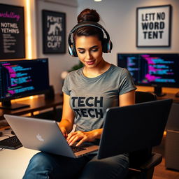 A confident and attractive woman developer in a chic, modern office setting, wearing stylish headphones while intensely focused on coding on her sleek laptop