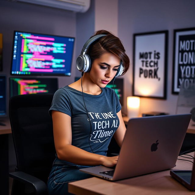 A confident and attractive woman developer in a chic, modern office setting, wearing stylish headphones while intensely focused on coding on her sleek laptop