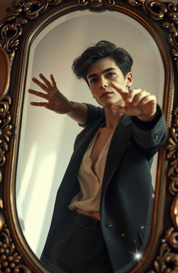 A surreal scene depicting a person with a thoughtful expression, reaching out with their arm through a beautifully ornate mirror, which is framed in intricate vintage design