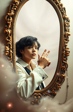 A surreal scene depicting a person with a thoughtful expression, reaching out with their arm through a beautifully ornate mirror, which is framed in intricate vintage design
