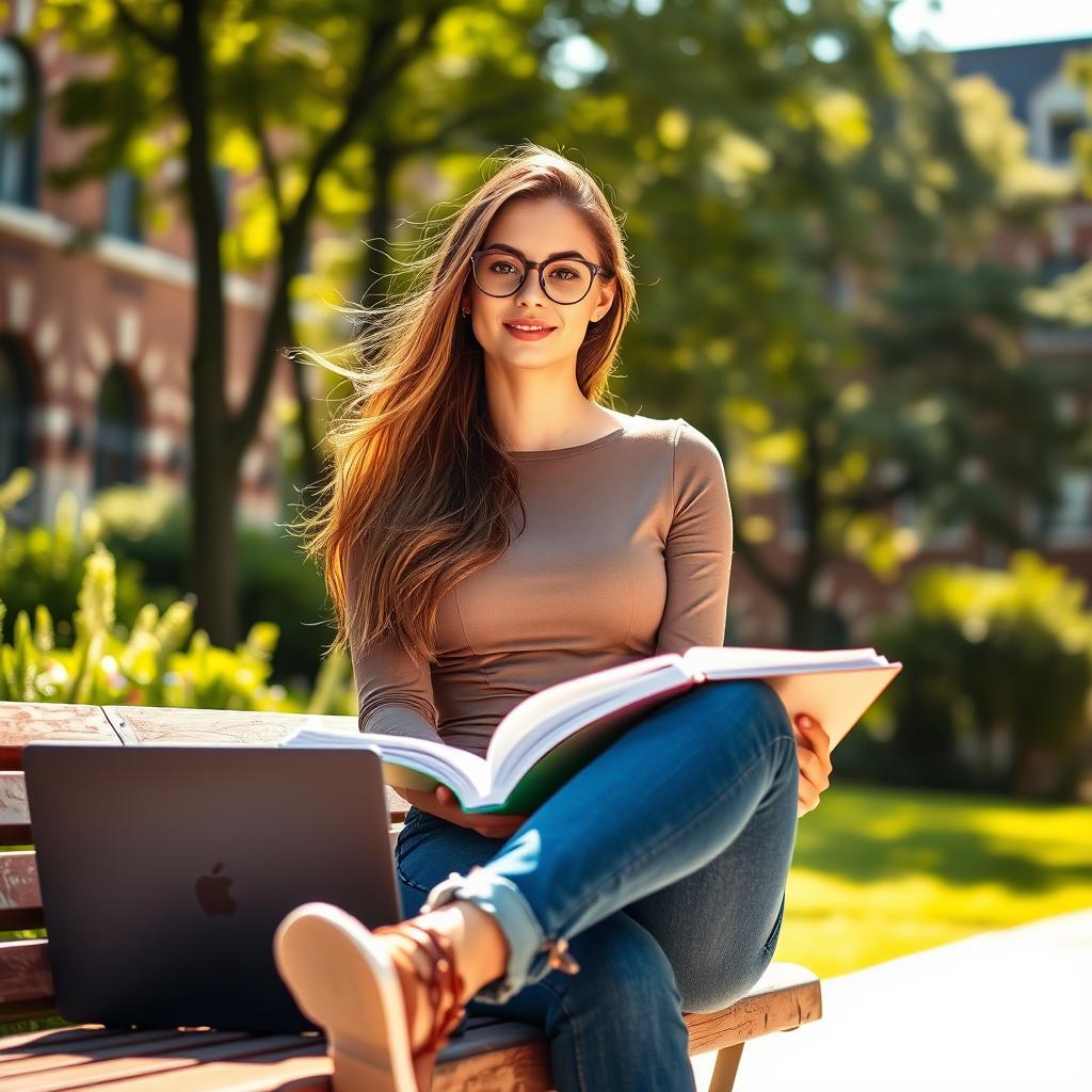 A stylish and confident woman student in a vibrant university setting, sitting on a campus bench with her books and laptop open