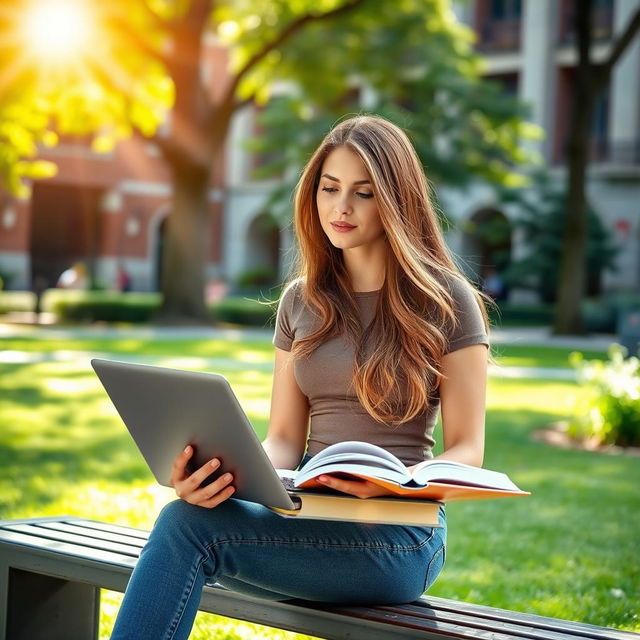 A stylish and confident woman student in a vibrant university setting, sitting on a campus bench with her books and laptop open