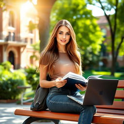 A stylish and confident woman student in a vibrant university setting, sitting on a campus bench with her books and laptop open