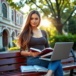 A stylish and confident woman student in a vibrant university setting, sitting on a campus bench with her books and laptop open
