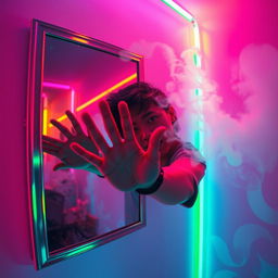 A surreal scene featuring a person extending their arm through a mirror, creating a captivating reflection
