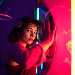 A surreal scene featuring a person extending their arm through a mirror, creating a captivating reflection