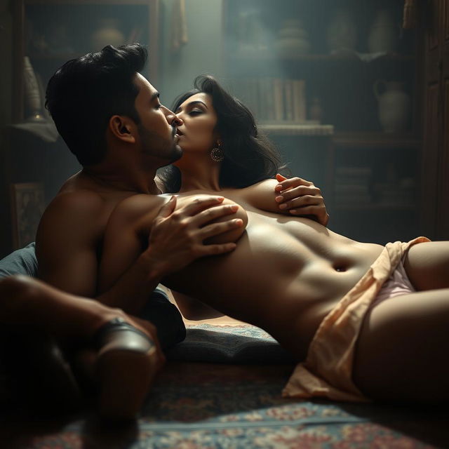 A sensual scene set in a brothel, featuring an Indian woman inspired by a popular actress, portrayed as an alluring figure