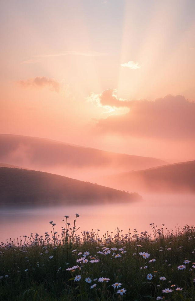 An ethereal scene depicting a serene landscape with gentle rolling hills bathed in soft pastel colors of dawn