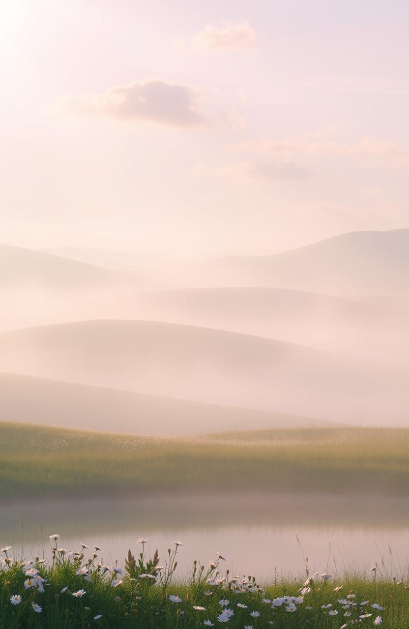 An ethereal scene depicting a serene landscape with gentle rolling hills bathed in soft pastel colors of dawn