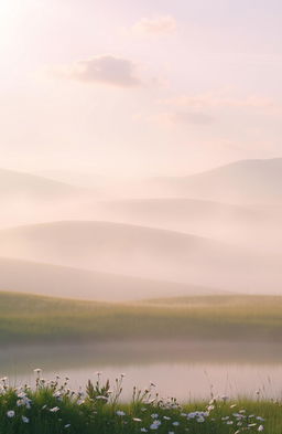 An ethereal scene depicting a serene landscape with gentle rolling hills bathed in soft pastel colors of dawn