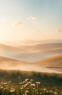 An ethereal scene depicting a serene landscape with gentle rolling hills bathed in soft pastel colors of dawn