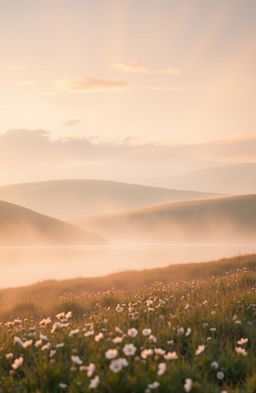 An ethereal scene depicting a serene landscape with gentle rolling hills bathed in soft pastel colors of dawn