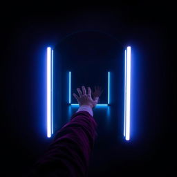 A surreal scene of a person extending their arm through a mirror that acts as a portal