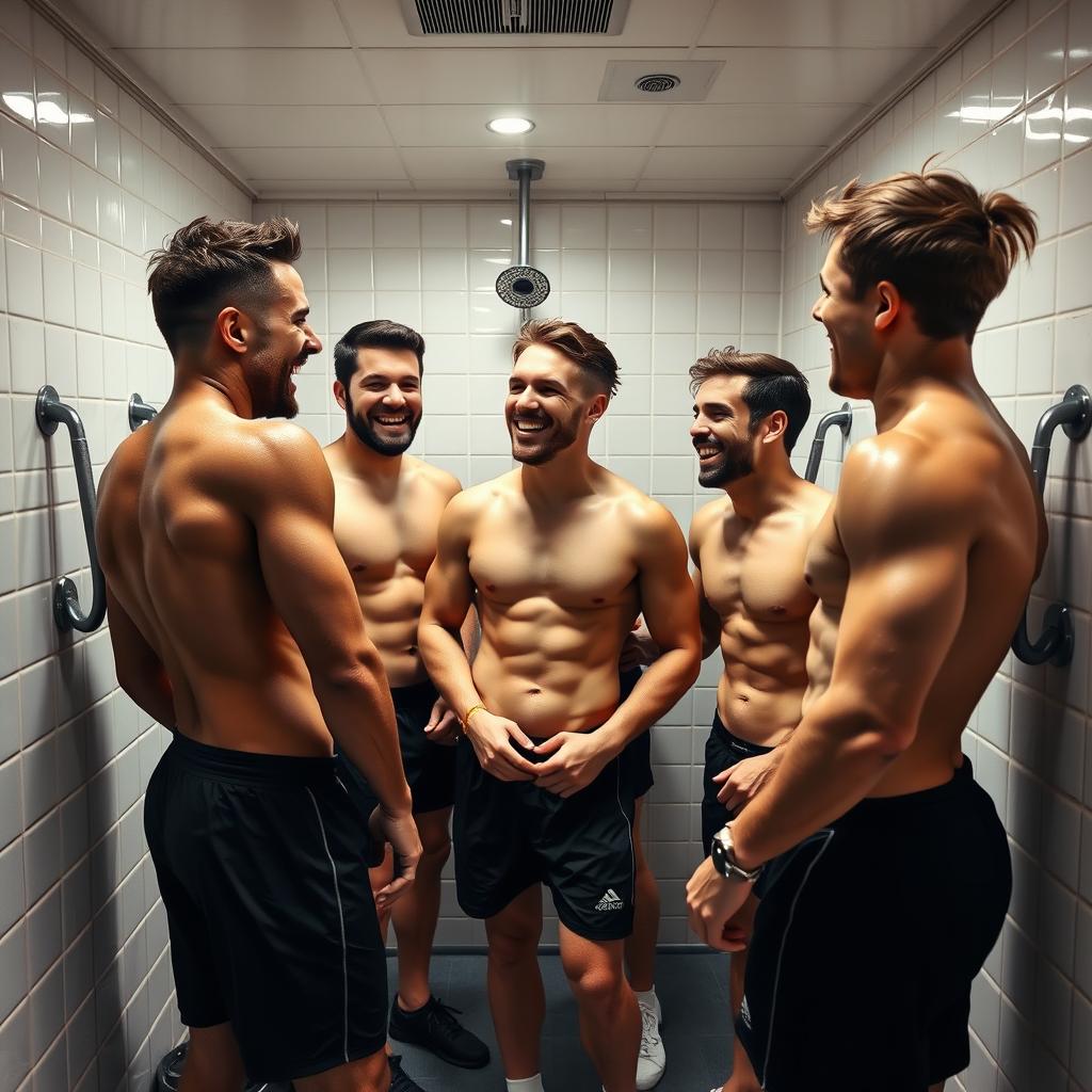 A playful and vibrant scene depicting a group of male athletes in a gym locker room, full of energy and camaraderie