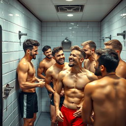 A playful and vibrant scene depicting a group of male athletes in a gym locker room, full of energy and camaraderie
