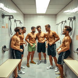 A playful and vibrant scene depicting a group of male athletes in a gym locker room, full of energy and camaraderie