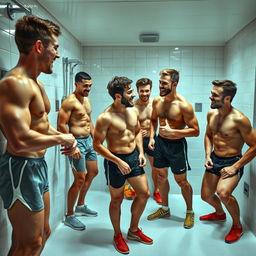 A playful and vibrant scene depicting a group of male athletes in a gym locker room, full of energy and camaraderie