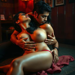 A sensual scene set in a brothel, featuring an Indian woman inspired by a popular actress, portrayed as an enticing figure