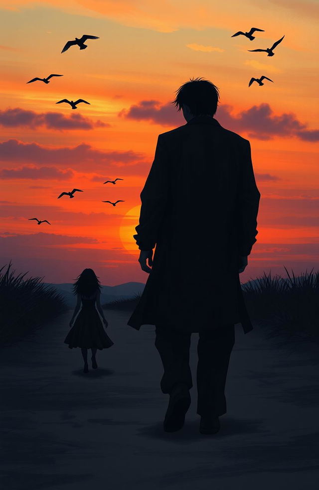 A poignant evening scene depicting a sad love story where a large man dressed in a dark outfit walks towards the viewer while a small woman in a similar dark attire walks away