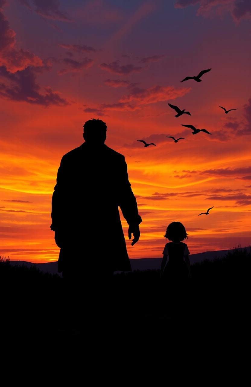 A poignant evening scene depicting a sad love story where a large man dressed in a dark outfit walks towards the viewer while a small woman in a similar dark attire walks away