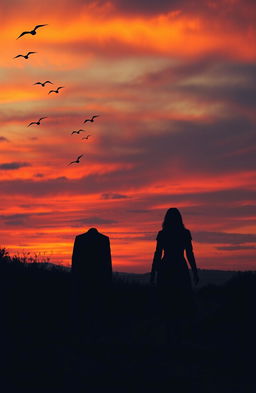 A poignant evening scene depicting a sad love story where a large man dressed in a dark outfit walks towards the viewer while a small woman in a similar dark attire walks away