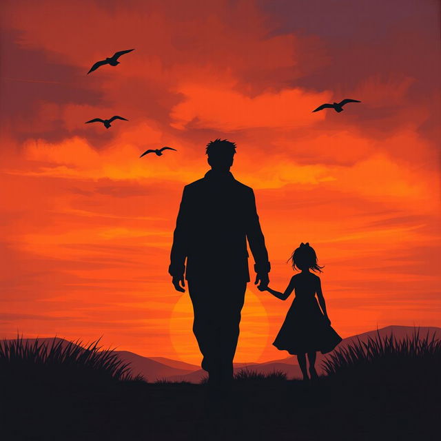 A poignant evening scene illustrating a sad love story, where a large man in a dark outfit is walking towards the viewer and a small woman in a matching dark attire is moving away