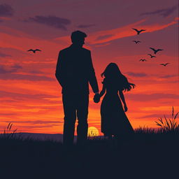 A poignant evening scene illustrating a sad love story, where a large man in a dark outfit is walking towards the viewer and a small woman in a matching dark attire is moving away