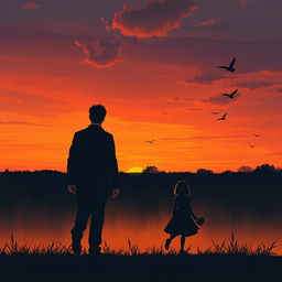 A poignant evening scene illustrating a sad love story, where a large man in a dark outfit is walking towards the viewer and a small woman in a matching dark attire is moving away