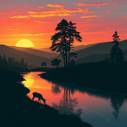 A serene landscape at sunset, depicting a peaceful valley with rolling hills