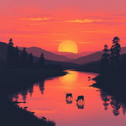 A serene landscape at sunset, depicting a peaceful valley with rolling hills