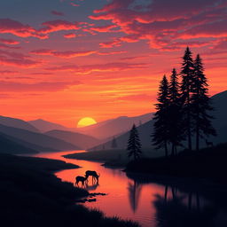 A serene landscape at sunset, depicting a peaceful valley with rolling hills