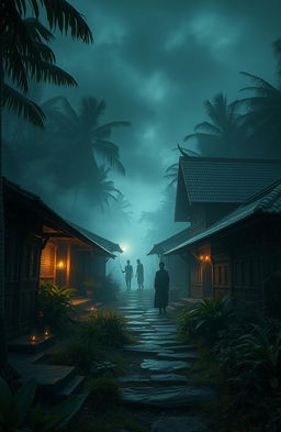 A mysterious village scene, titled 'Misteri Kampung Keramat', featuring ancient traditional houses with intricate wooden carvings, surrounded by lush tropical vegetation