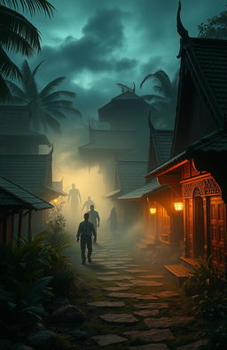 A mysterious village scene, titled 'Misteri Kampung Keramat', featuring ancient traditional houses with intricate wooden carvings, surrounded by lush tropical vegetation