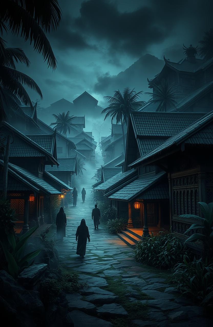 A mysterious village scene, titled 'Misteri Kampung Keramat', featuring ancient traditional houses with intricate wooden carvings, surrounded by lush tropical vegetation