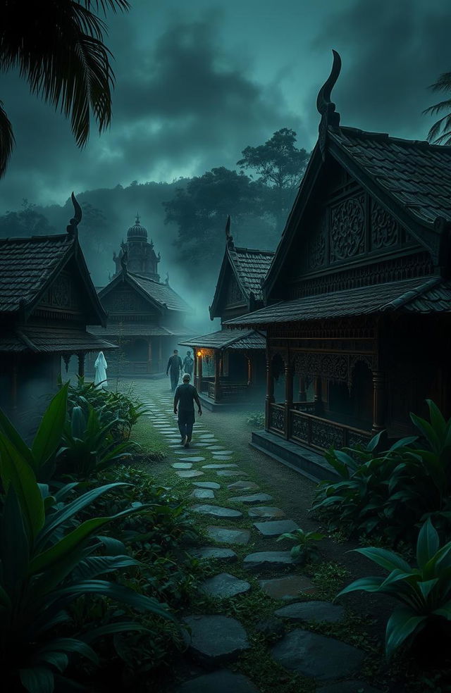 A mysterious village scene, titled 'Misteri Kampung Keramat', featuring ancient traditional houses with intricate wooden carvings, surrounded by lush tropical vegetation