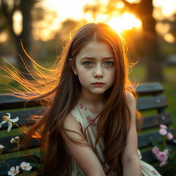 A beautiful girl with flowing long brunette hair, sitting on a park bench under the soft golden light of sunset