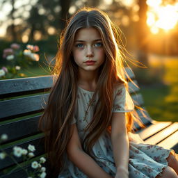 A beautiful girl with flowing long brunette hair, sitting on a park bench under the soft golden light of sunset