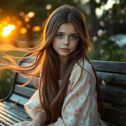 A beautiful girl with flowing long brunette hair, sitting on a park bench under the soft golden light of sunset