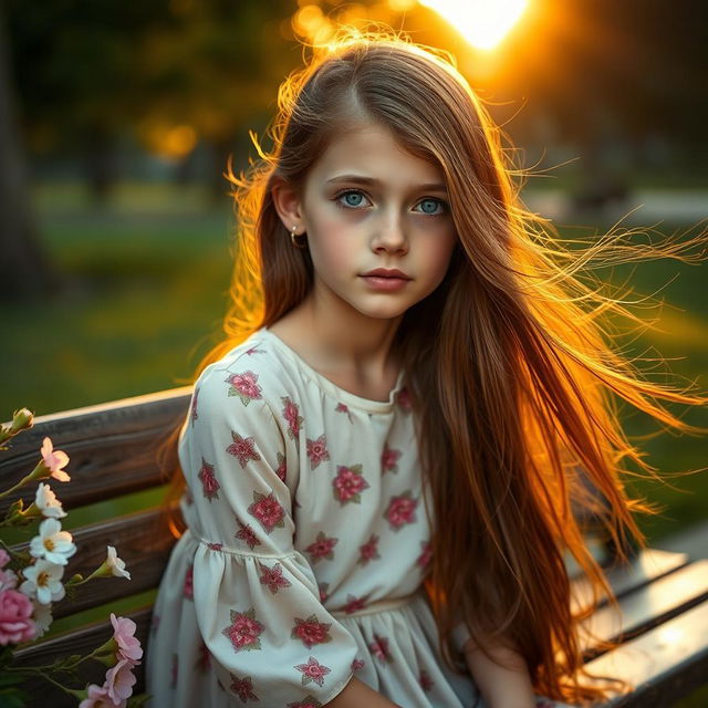 A beautiful girl with flowing long brunette hair, sitting on a park bench under the soft golden light of sunset