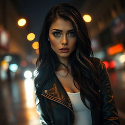 A beautiful woman with long, wavy black hair, standing alone on a city street at night, illuminated by the warm glow of streetlights