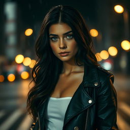 A beautiful woman with long, wavy black hair, standing alone on a city street at night, illuminated by the warm glow of streetlights