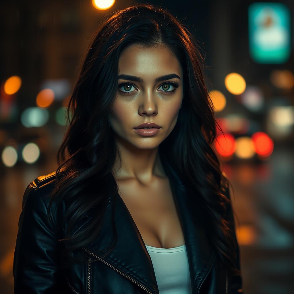 A beautiful woman with long, wavy black hair, standing alone on a city street at night, illuminated by the warm glow of streetlights