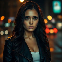 A beautiful woman with long, wavy black hair, standing alone on a city street at night, illuminated by the warm glow of streetlights